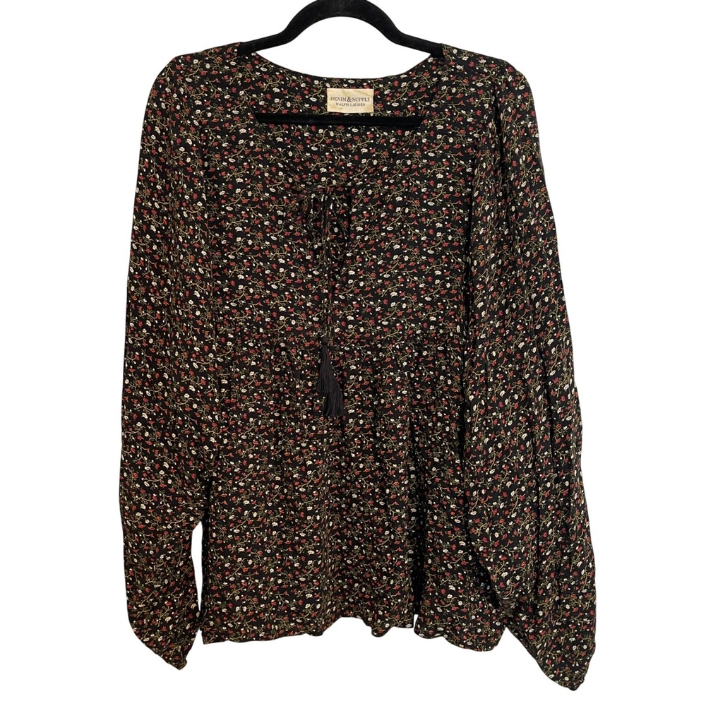 Denim & Supply Ralph Lauren Floral Peasant Blouse Black Tassel Boho Top XL